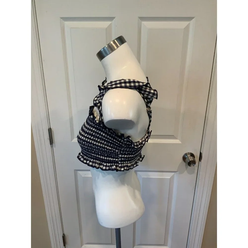 Tory Burch Blue & White Gingham Plaid Smocked Ruffle Cropped Top, Size M